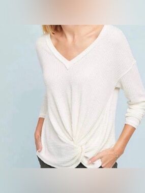 Anthropologie Knot Front V-Neck Waffle Knit Top - Cream